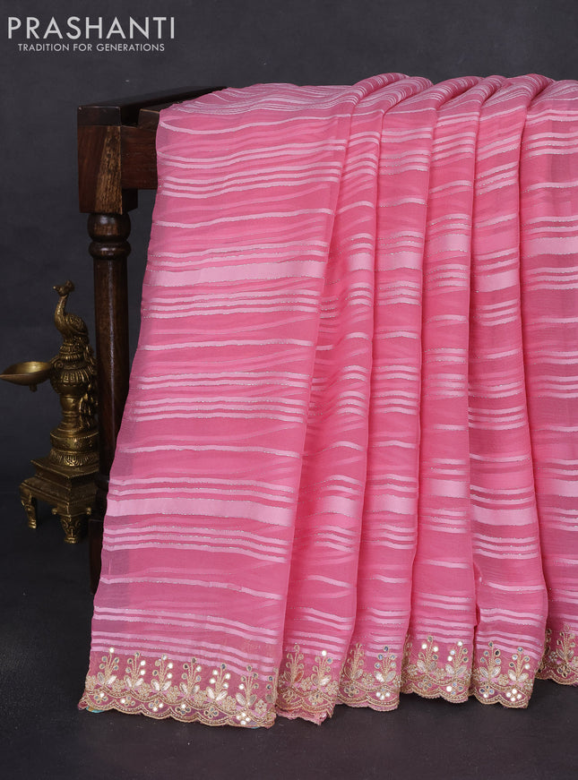 Chiffon silk saree light pink with allover stripe pattern & mirror embroidery pallu