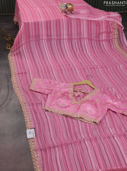 Chiffon silk saree light pink with allover stripe pattern & mirror embroidery pallu