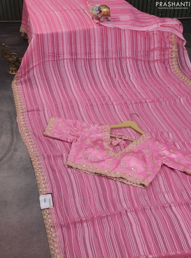 Chiffon silk saree light pink with allover stripe pattern & mirror embroidery pallu