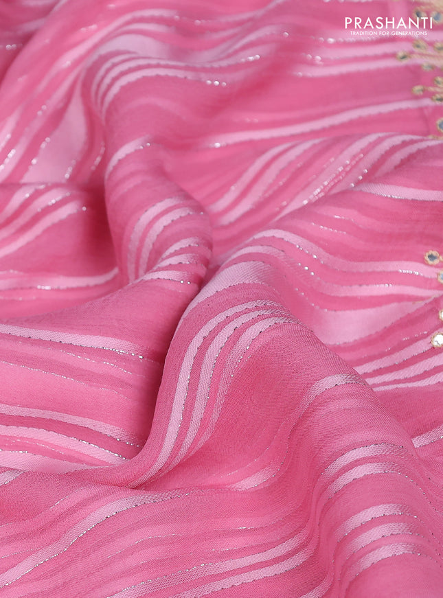Chiffon silk saree light pink with allover stripe pattern & mirror embroidery pallu