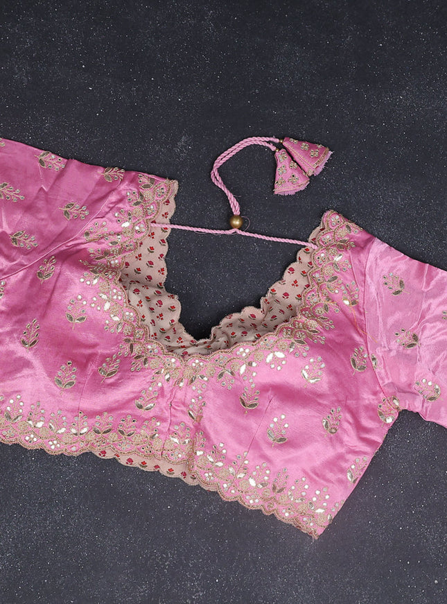 Chiffon silk saree light pink with allover stripe pattern & mirror embroidery pallu