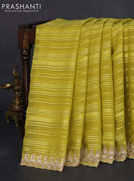 Chiffon silk saree yellow with allover stripe pattern & mirror embroidery pallu