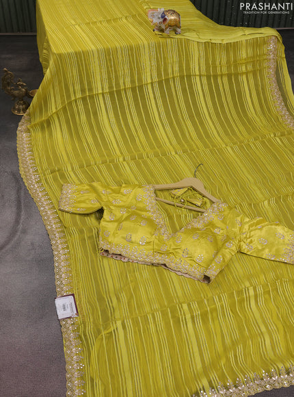 Chiffon silk saree yellow with allover stripe pattern & mirror embroidery pallu
