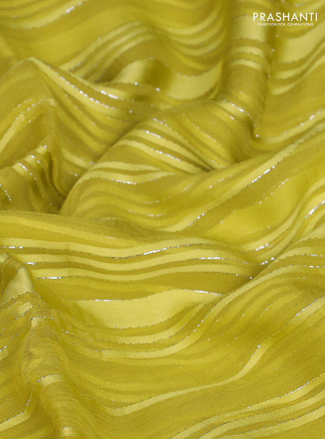 Chiffon silk saree yellow with allover stripe pattern & mirror embroidery pallu