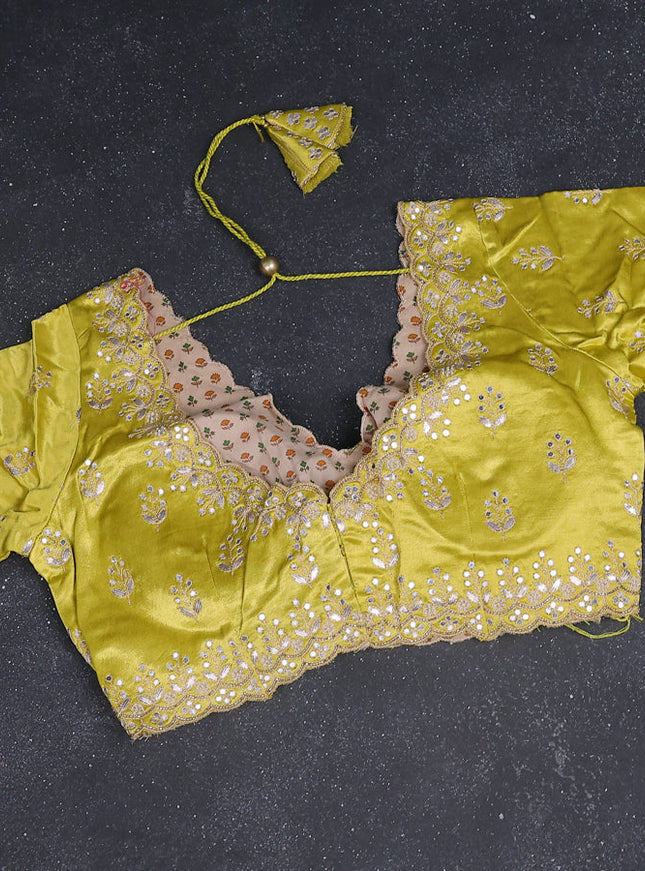 Chiffon silk saree yellow with allover stripe pattern & mirror embroidery pallu