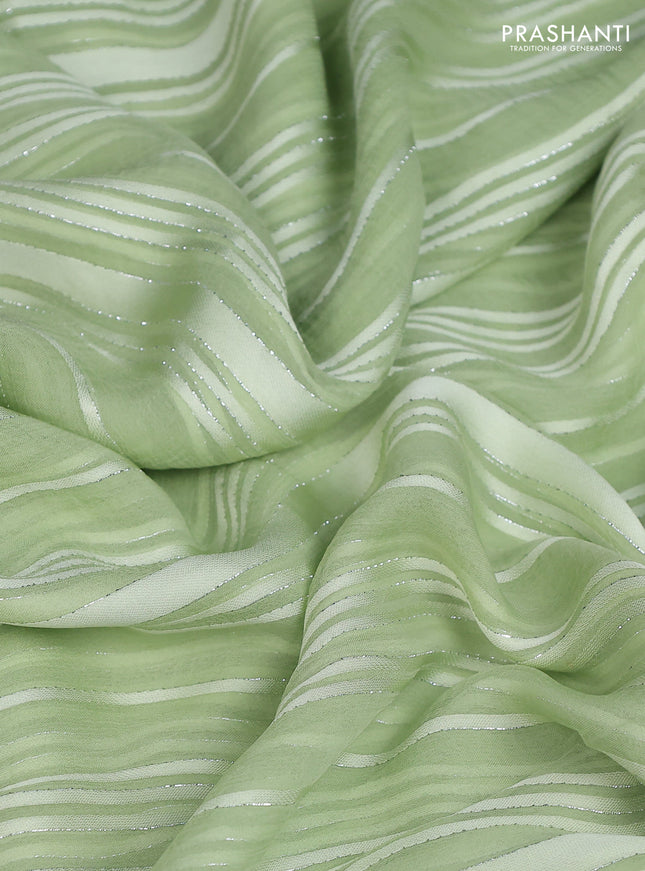 Chiffon silk saree pista green with allover stripe pattern & mirror embroidery pallu
