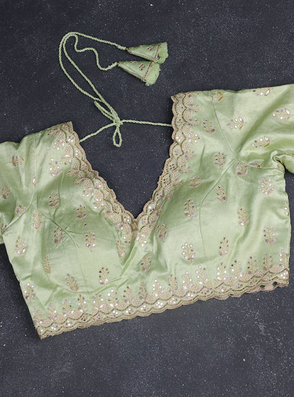 Chiffon silk saree pista green with allover stripe pattern & mirror embroidery pallu