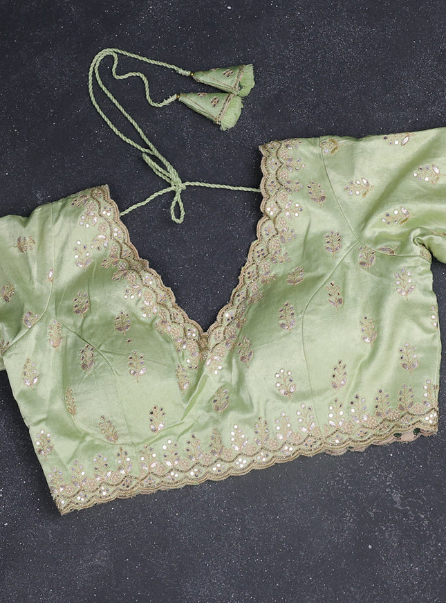 Chiffon silk saree pista green with allover stripe pattern & mirror embroidery pallu