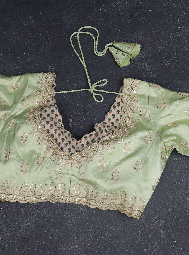 Chiffon silk saree pista green with allover stripe pattern & mirror embroidery pallu