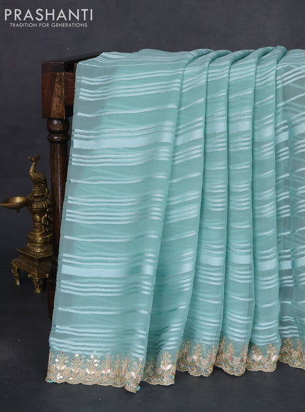 Chiffon silk saree teal shade with allover stripe pattern & mirror embroidery pallu