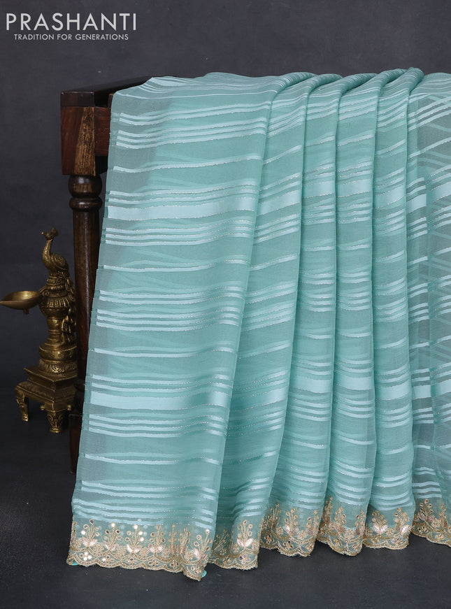 Chiffon silk saree teal shade with allover stripe pattern & mirror embroidery pallu