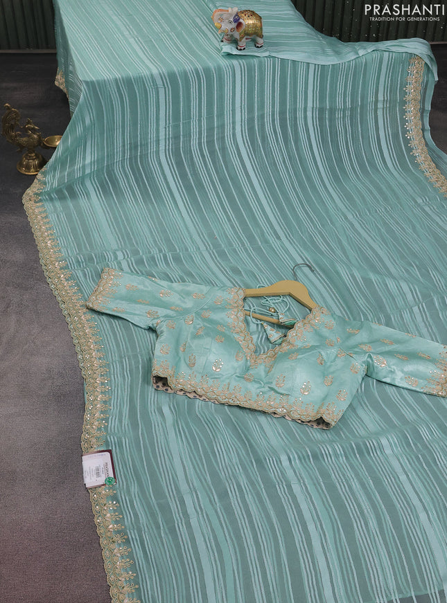 Chiffon silk saree teal shade with allover stripe pattern & mirror embroidery pallu
