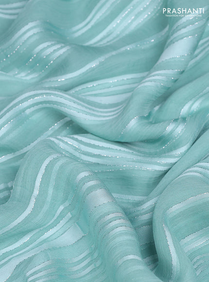 Chiffon silk saree teal shade with allover stripe pattern & mirror embroidery pallu