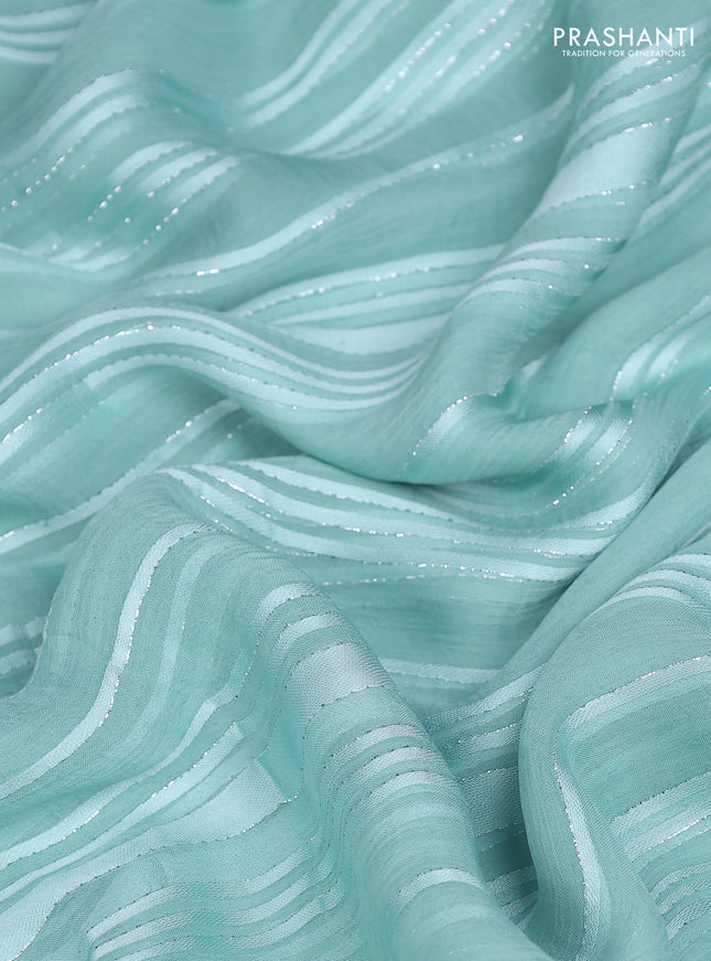 Chiffon silk saree teal shade with allover stripe pattern & mirror embroidery pallu