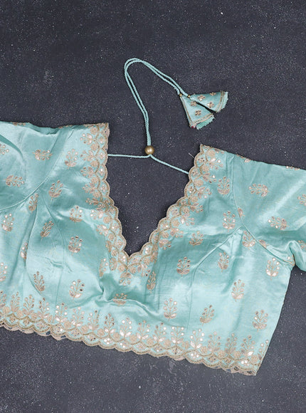 Chiffon silk saree teal shade with allover stripe pattern & mirror embroidery pallu