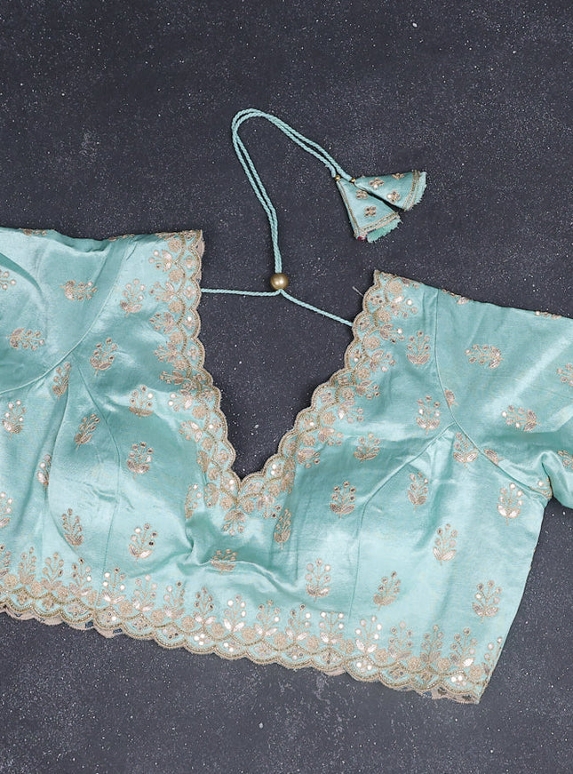 Chiffon silk saree teal shade with allover stripe pattern & mirror embroidery pallu