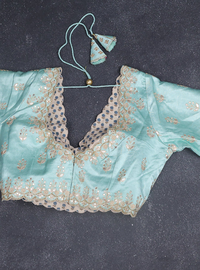 Chiffon silk saree teal shade with allover stripe pattern & mirror embroidery pallu