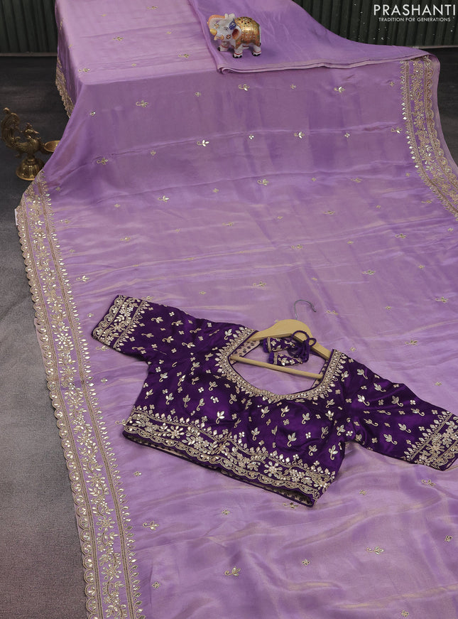 Tissue silk saree lavender and violet with embridery buttas & gotapatti work pallu