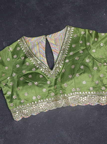 Tissue silk saree pista green and light green with embridery buttas & gotapatti work pallu