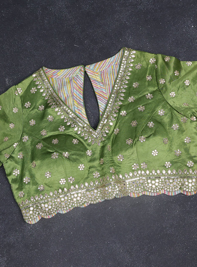 Tissue silk saree pista green and light green with embridery buttas & gotapatti work pallu