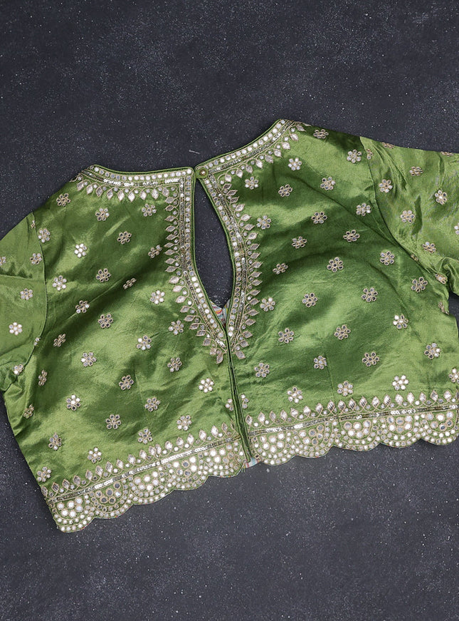 Tissue silk saree pista green and light green with embridery buttas & gotapatti work pallu