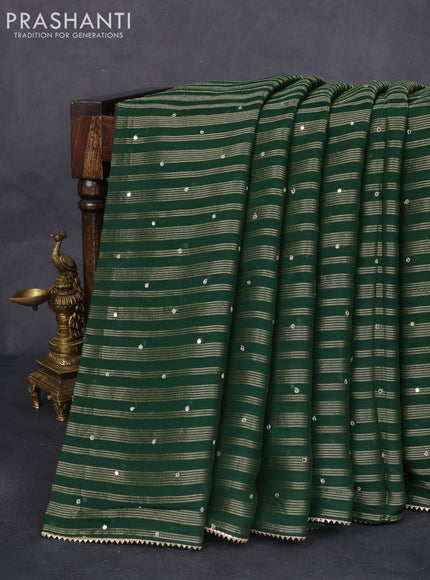 Organza silk saree dark green with zari stripes & gotapatti work pallu