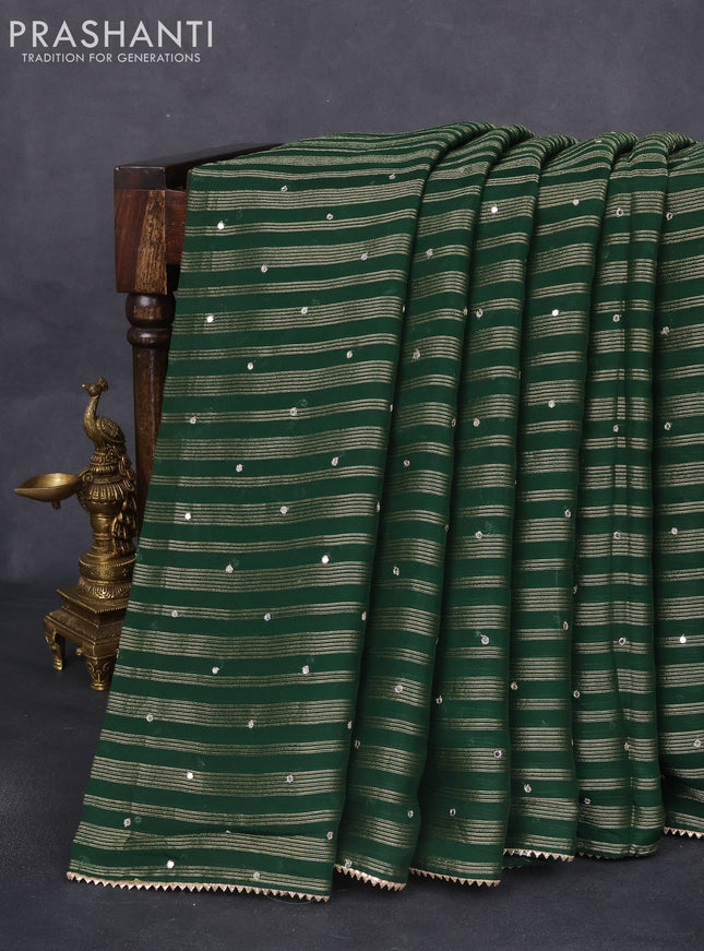 Organza silk saree dark green with zari stripes & gotapatti work pallu