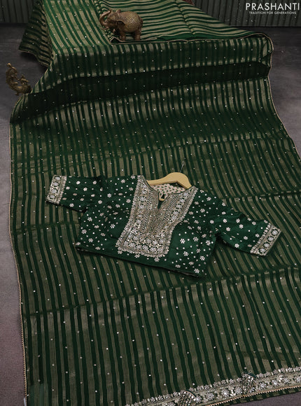 Organza silk saree dark green with zari stripes & gotapatti work pallu