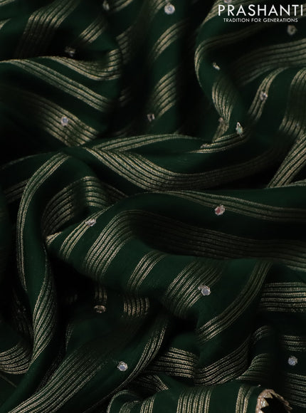 Organza silk saree dark green with zari stripes & gotapatti work pallu