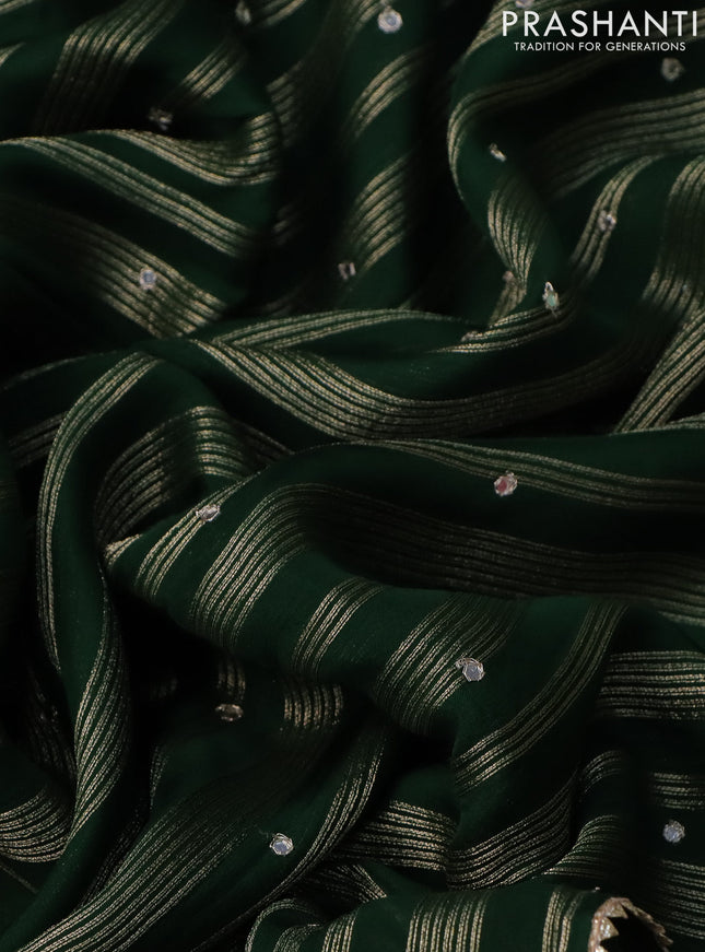 Organza silk saree dark green with zari stripes & gotapatti work pallu