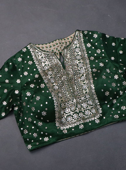 Organza silk saree dark green with zari stripes & gotapatti work pallu