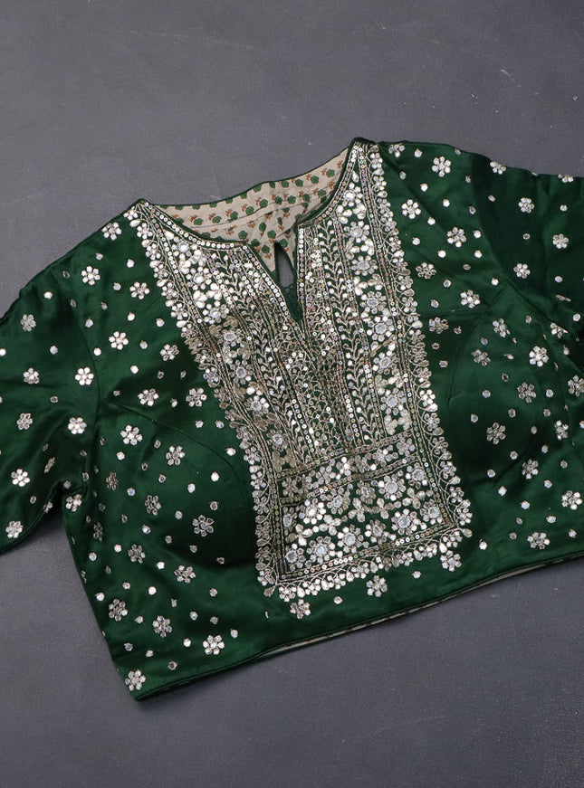 Organza silk saree dark green with zari stripes & gotapatti work pallu