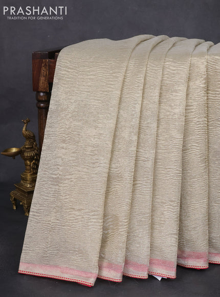 Crush tissue silk saree beige and pink with plain body & gotapatti lace work pallu