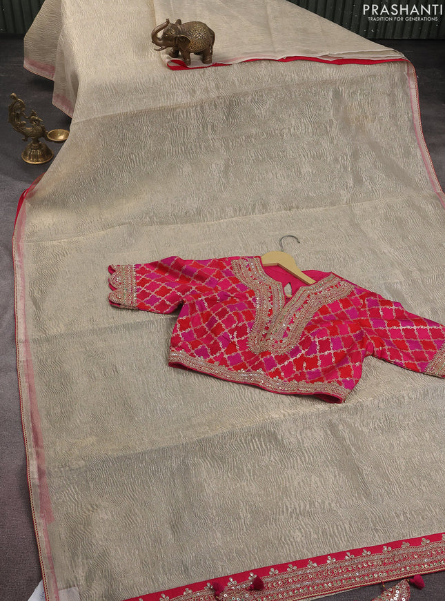 Crush tissue silk saree beige and pink with plain body & gotapatti lace work pallu