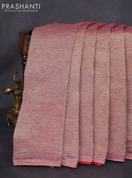 Crush tissue silk saree dual shade of golden pink and pink with plain body & gotapatti lace work pallu