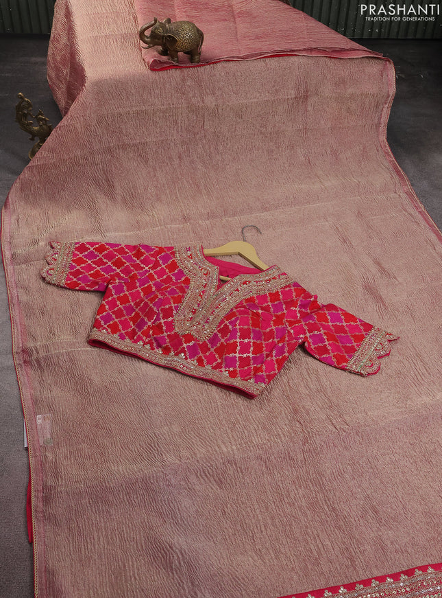 Crush tissue silk saree dual shade of golden pink and pink with plain body & gotapatti lace work pallu