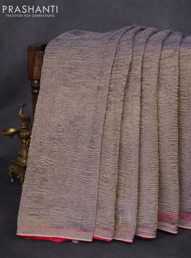 Crush tissue silk saree dual shade of golden bluish grey and pink with plain body & gotapatti lace work pallu