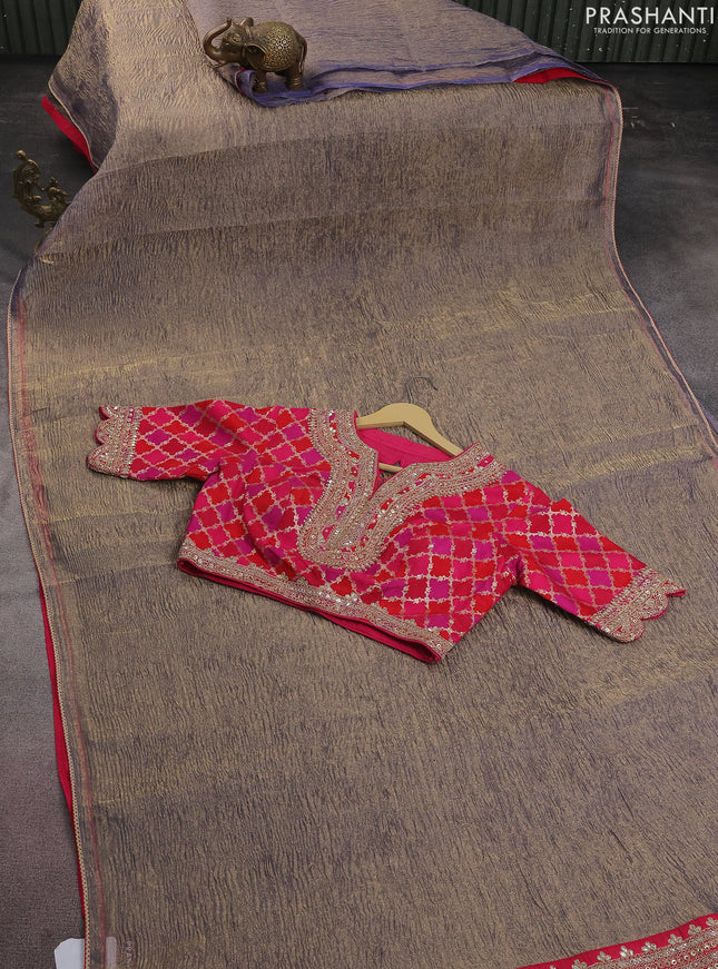 Crush tissue silk saree dual shade of golden bluish grey and pink with plain body & gotapatti lace work pallu