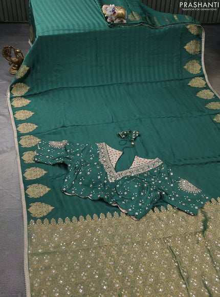 Satin crepe silk saree dark green with allover stripe pattern & mirror work pallu