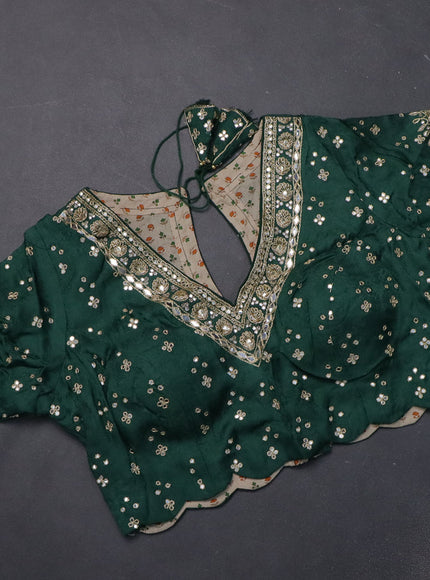 Satin crepe silk saree dark green with allover stripe pattern & mirror work pallu