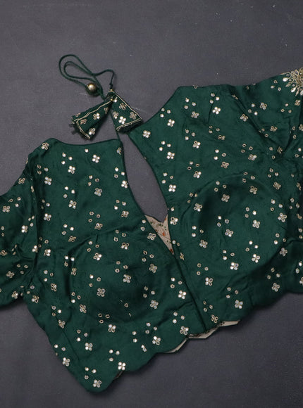 Satin crepe silk saree dark green with allover stripe pattern & mirror work pallu