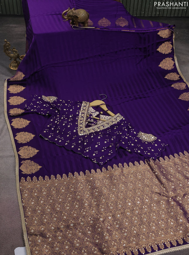 Satin crepe silk saree violet with allover stripe pattern & mirror work pallu