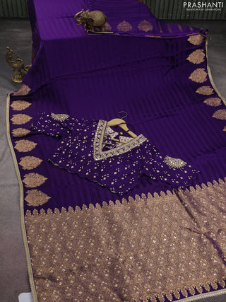Satin crepe silk saree violet with allover stripe pattern & mirror work pallu