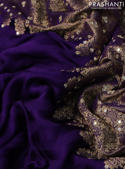 Satin crepe silk saree violet with allover stripe pattern & mirror work pallu