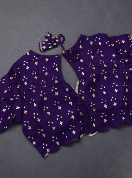 Satin crepe silk saree violet with allover stripe pattern & mirror work pallu