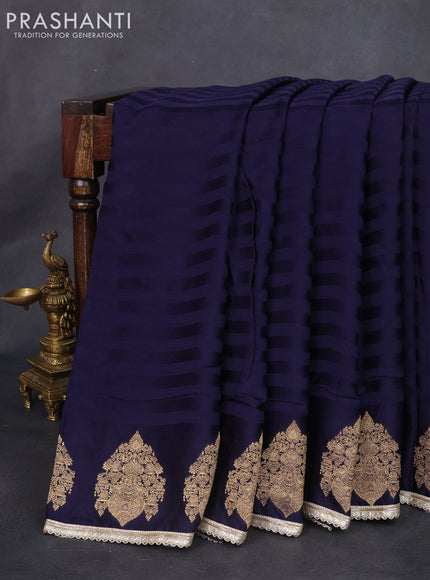 Satin crepe silk saree navy blue with allover stripe pattern & mirror work pallu