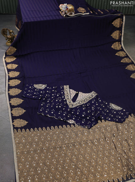 Satin crepe silk saree navy blue with allover stripe pattern & mirror work pallu