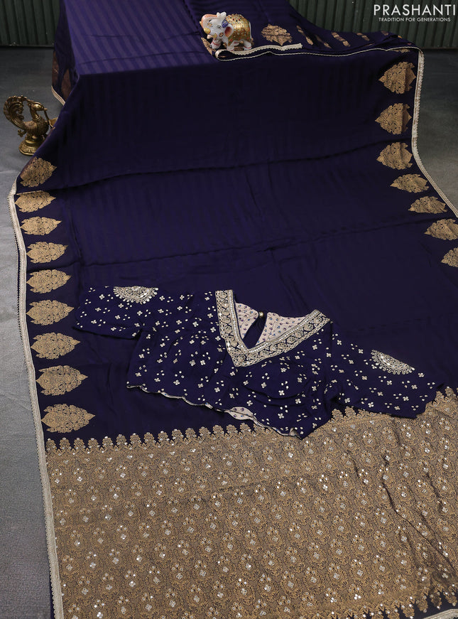 Satin crepe silk saree navy blue with allover stripe pattern & mirror work pallu