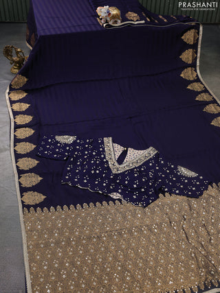 Satin crepe silk saree navy blue with allover stripe pattern & mirror work pallu