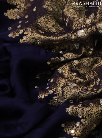 Satin crepe silk saree navy blue with allover stripe pattern & mirror work pallu